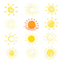 sun icons hand drawn collection isolated on white background. summer time concept. vector illustration