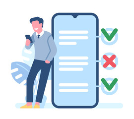 Man takes online exam. Guy chooses answer in test. Smartphone screen. Mobile survey. Web examination. Male solving quiz by phone. Internet questionnaire. Digital technology. Vector concept