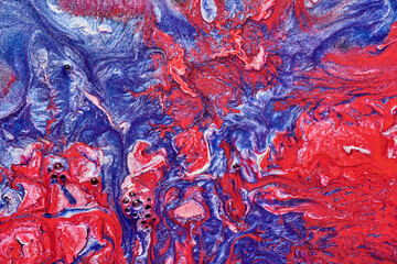 Luxury abstract background, liquid art. Blue red mix alcohol ink with golden paint blots, Earth water surface, marble texture