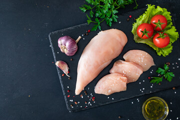 Fresh raw chicken fillet on cutting board with spices on black background
