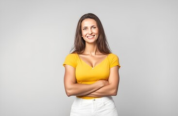 Woman with arms crossed on plain background. generate by ai