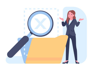 No data. Empty file folder. Not found information. Confused office worker. Searching documents with magnifying glass. Archive storage. Missing papers. Finding malfunction. Vector concept