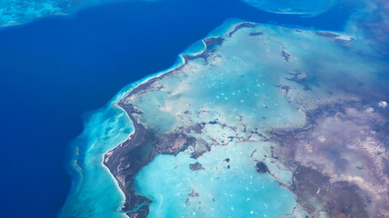 Aerial view of the Caribbean country Bahamas looking down on the Caribbean Sea and the beautiful...