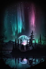 Background of the Night Sky with Aurora Borealis and Moon. generate ai.