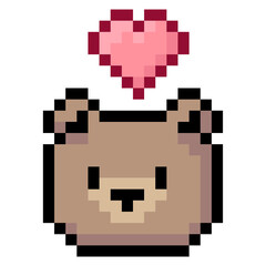 Pixel art illustration of bear head with love