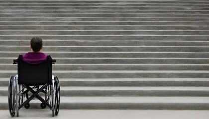 Wheelchair standing in front of some stairs. architectural barrier, lack of accessibility. generate by ai