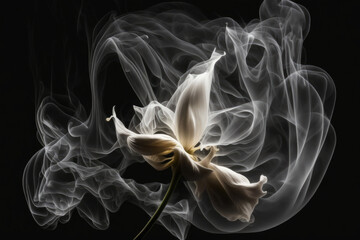 The illustration depicts an abstract image of a flower turning into smoke against a black background. The flower is shown in intricate detail, with delicate petals. Generative AI