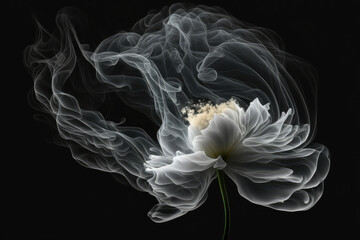 The illustration depicts an abstract image of a flower turning into smoke against a black background. The flower is shown in intricate detail, with delicate petals. Generative AI