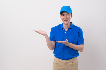 An Asian young Technician service man wearing blue uniform on white background studio