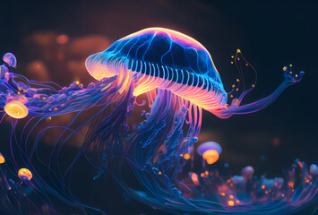 neon jellyfish in the sea. blue glow jellyfish. ai generated