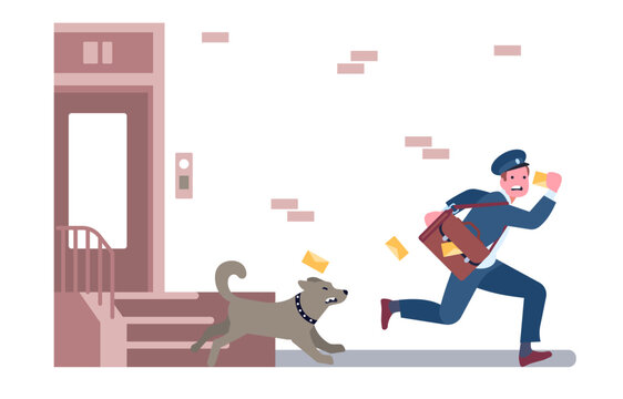 Postman Running Away From Angry Guard Dog. Postal Worker Escaping From Domestic Animal. Aggressive Puppy Barking And Chasing Mailman. Letter Envelopes Delivery. House Porch. Vector Concept