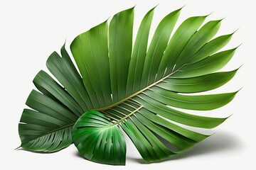 Green plam leaves, tropical flora, and coconut leaves or fronds isolated on a white background with a clipping path. Generative AI