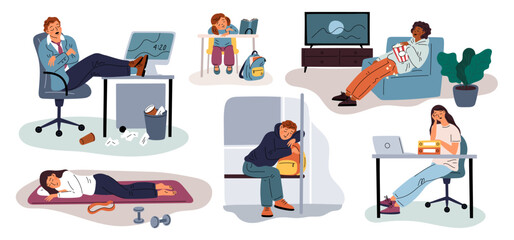 Sleepy people. Tired and asleep characters. Unexpected places. Overworked employees. Persons with narcoleptic seizure. Fatigue and drowsiness. Kid sleeps at school desk. Garish vector set - obrazy, fototapety, plakaty