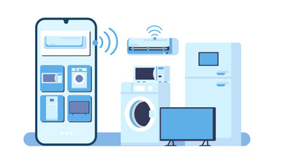 Smartphone controls home appliance via internet. Smart air conditioner or microwave. Washing machine. Refrigerator and television. Mobile application Wireless connection. Vector concept