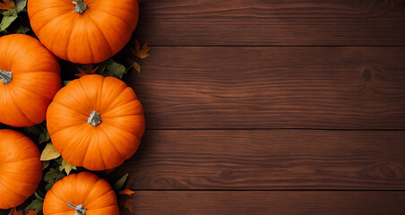 Autumn composition with dry leaves and pumpkins on a wooden table. Top view, copy space, decorative background. Generative AI