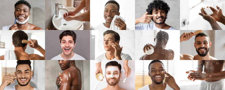 Happy attractive young different men shave, take a shower, brush hair, apply cream on skin