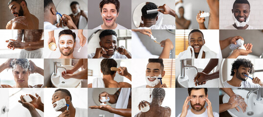 Cheerful millennial multiethnic men brush teeth, apply cream and deodorant, enjoy daily routines,...