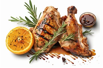 Half portions of tasty grilled chicken with a golden brown exterior and juicy inside are served with lemon slices, barbecue sauce, and rosemary. Isolated on a white background. Generative AI