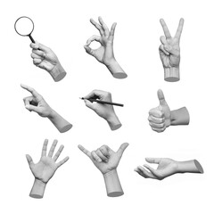 Obraz na płótnie Canvas Set of 3d hands showing gestures such as ok, peace, thumb up, point to object, shaka, holding magnifying glass, writing isolated on white background. Contemporary art in magazine style. Modern design
