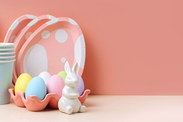 Cute paper cups and  plates in the shape of  eggs with  Easter eggs, candy and Easter Bunny. Happy Easter. Set of holiday disposable tableware and decorations for party or picnic.