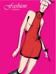 Beautiful young girl in stylish clothes. Fashion woman look. Sale concept. Hand-drawn fashion illustration. Cute girl in fashion clothes.