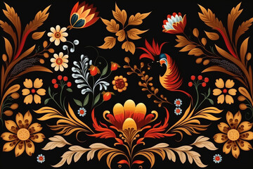 Traditional folk floral design with birds, great for use in cultural graphics and patterned decorations.