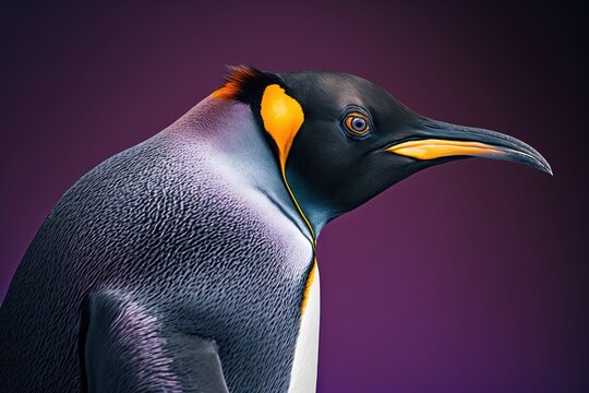 Closeup King Penguin Portrait Photo On Purple Background, Generative Ai