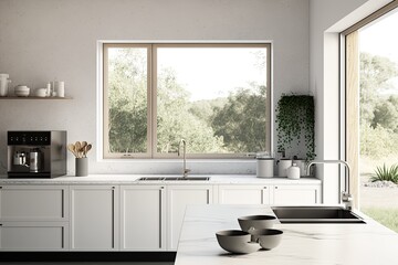 beautiful morning in a luxury minimal modern kitchen with blank space on washing sink counter by the window - Generative AI