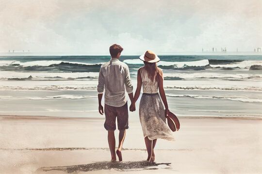 Picture of romantic young couple on the sea shore. Back view. Summer vacation concept illustration. Generative AI.