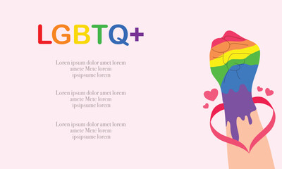 Fototapeta na wymiar Vector LGBT banner for Happy lgbt PRIDE day vector. Pride month. Rainbow heart and victory hand with rainbow bracelet. LGBTQ flag. 