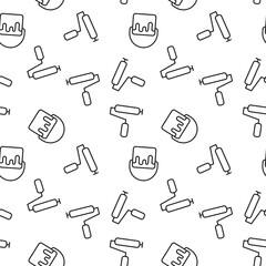 Vector seamless pattern of paint roller, bucket with dye  on white background. It can be used for textile, backgrounds, placards