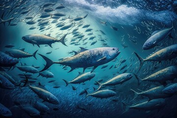 Fototapeta premium Many underwater caranx, a vast fish population, the underwater environment, and the ocean biological system. Generative AI