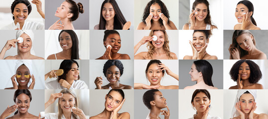 Fototapeta premium Happy adult, millennial multiracial women enjoy anti aging routine, clean skin, apply patches, cream and oil