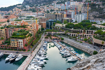 Beautiful view of Fontvieille, Monaco. Luxury apartments and boats
