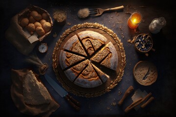 notion of domestic production, natural agricultural goods, and handmade bread. Food that is organic and delicious. Round whole grain bread was prepared by a woman. Top perspective flat lay; backdrop i