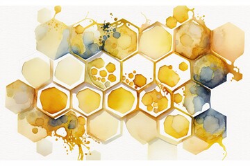 painting in watercolor with a continuous honeycomb design. Yellow honeycombs in an adorable abstract backdrop on a white background. design for textiles, wrapping paper, and wallpaper. Generative AI - obrazy, fototapety, plakaty
