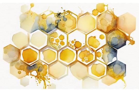 painting in watercolor with a continuous honeycomb design. Yellow honeycombs in an adorable abstract backdrop on a white background. design for textiles, wrapping paper, and wallpaper. Generative AI