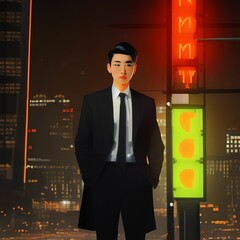 illustration of man wearing suit at night, generative art by A.I