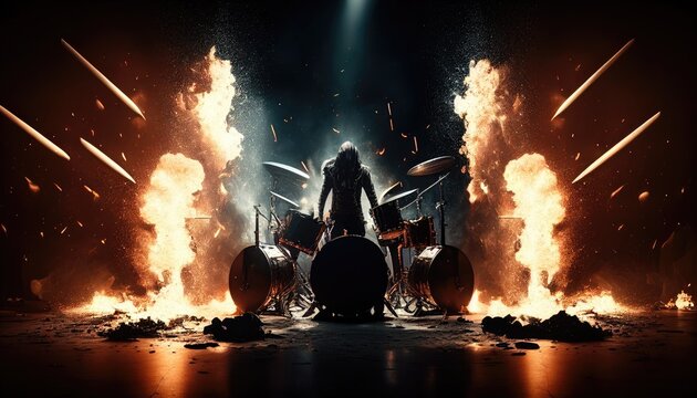 rock group plays music with fire and smoke.. Created with Generative AI.
