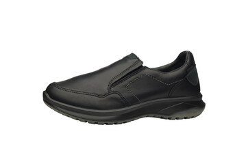 Leather black men elasticated sneakers without laces isolated on white background. Modern sports casual shoes with rubber soles. Fashionable sneakers. Urban male fashion - stretch hipster footwear.