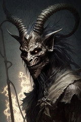 Fototapeta premium heard dämon from hell, glowing eyes, tattered clothes, consists only of skin and bones