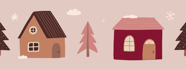 Cute houses and trees hand drawn seamless border