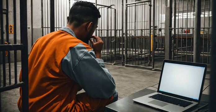 back view of a prisoner in orange suit sitting at table with and watching laptop prison cells with metal bars, generative AI