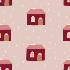 Naklejka premium Winter seamless pattern of cute house with stars