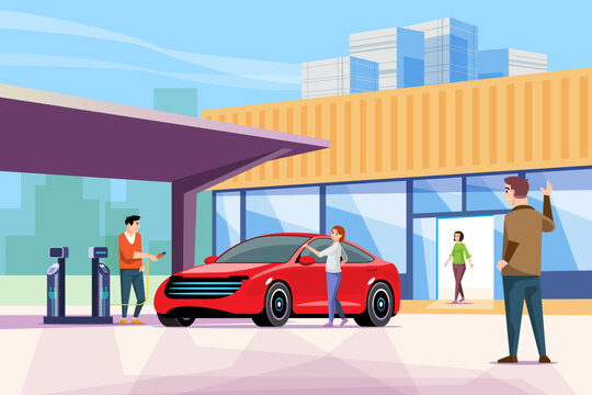 Electric vehicle charging station that supports urban life. People use modern electric vehicle charging station. Concept of living in urban society. green energy concept, vector illustration