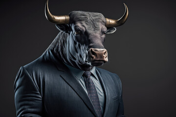 Portrait of Bull in Business Suit with Horns