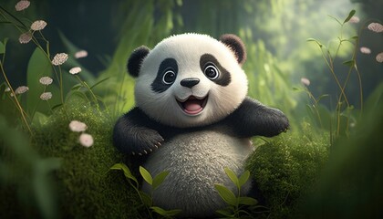cute baby panda happy in the forest. Created with Generative AI.