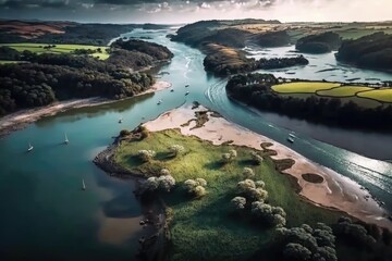 Drone footage of the Kingsbridge and Salcombe estuaries in Devon, England's South Hams. Generative AI