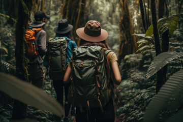 Obraz premium Rucksack Touristen gehen durch den Regenwald