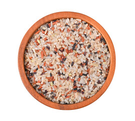 Fototapeta na wymiar Cereal germ, red rice and Riceberry in wooden bowl on transparent png. Top view